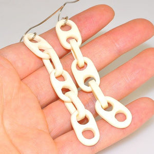 Sterling Silver Fossil Cow Bone Chain Link Dangling Earrings