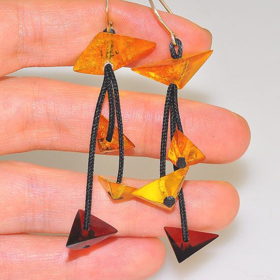 Sterling Silver Baltic Cherry Amber and Baltic Honey Amber Pyramid Thread Dangling Earrings