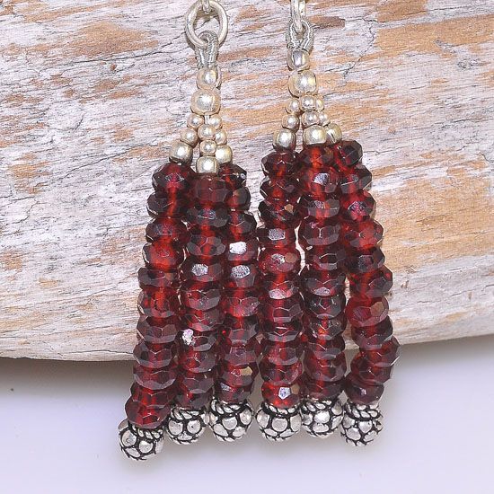 Sterling Silver Israel Cut Garnet Beaded Dangling Earrings