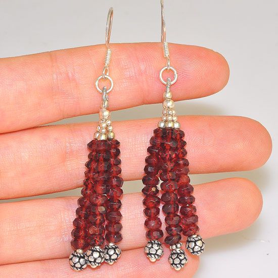 Sterling Silver Israel Cut Garnet Beaded Dangling Earrings