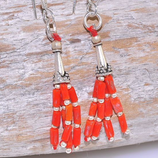 Sterling Silver Tibetan Coral Bead Bar Dangling Earrings