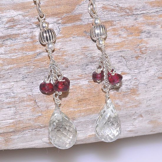 Sterling Silver Beautiful Green Amethyst and Garnet Dangling Raindrop Earrings