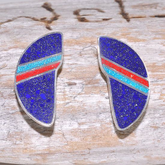 Sterling Silver Tibetan Lapis Lazuli, Turquoise and Coral Inlay Half Circle Stud Earrings