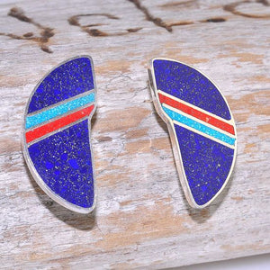 Sterling Silver Tibetan Lapis Lazuli, Turquoise and Coral Inlay Half Circle Stud Earrings