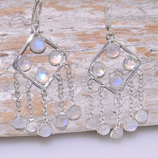Sterling Silver Glowing Moonstone Dangling Hook Earrings