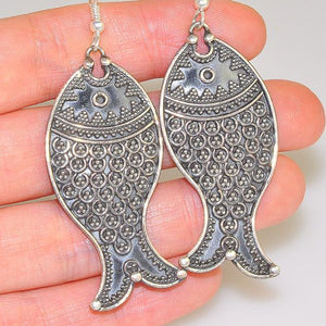 2" Long Sterling Silver Speckled Fish Design Hook Earrings