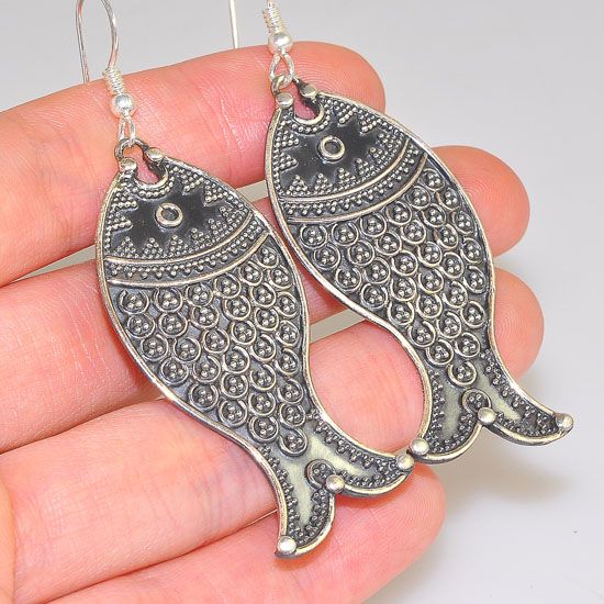 2" Long Sterling Silver Speckled Fish Design Hook Earrings