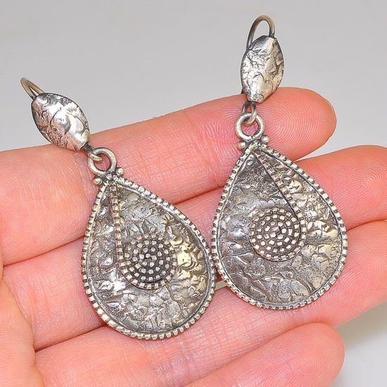 Sterling Silver Exotic Tribal Hammered Raindrop Plate Hook Earrings