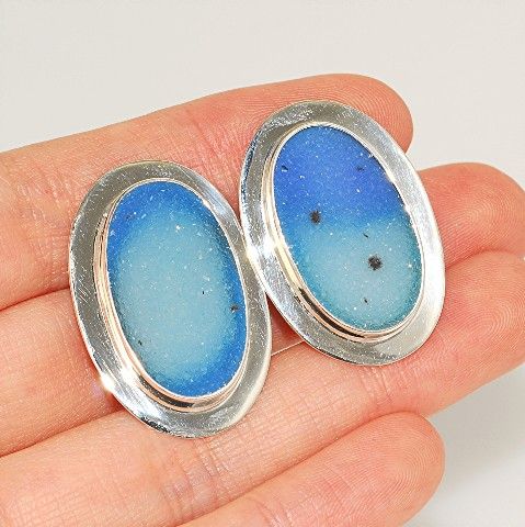 Charles Albert Sterling Silver, Blue Druzy Clip-on Earrings
