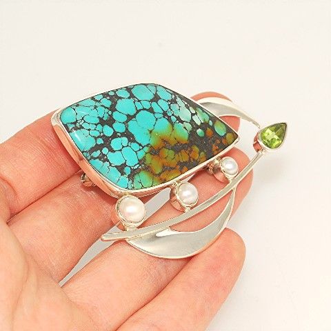 Sterling Silver, Turquoise, Peridot, Mabe Pearl Pin