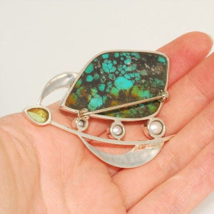 Sterling Silver, Turquoise, Peridot, Mabe Pearl Pin