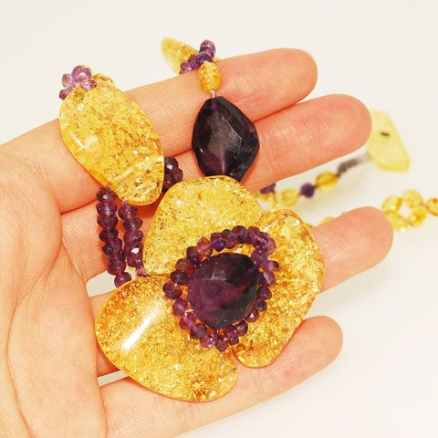 Baltic Citrine Amber and Amethyst Necklace