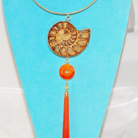 Sterling Silver Fossil Ammonite and Carnelian Dangle Necklace