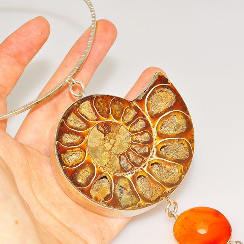 Sterling Silver Fossil Ammonite and Carnelian Dangle Necklace