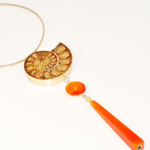 Sterling Silver Fossil Ammonite and Carnelian Dangle Necklace