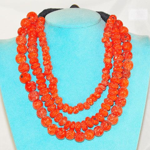 Glass Faux-Coral Bead Tibetan 3-Strand Necklace