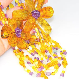 Baltic Multi Amber, Aquamarine and Amethyst Flower Pendant