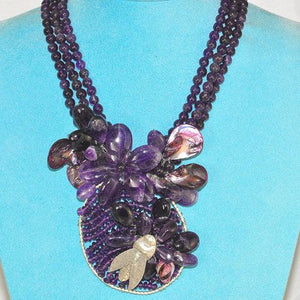 18 Inch Sterling Silver Amethyst and Shell 3-Strand Bead Necklace