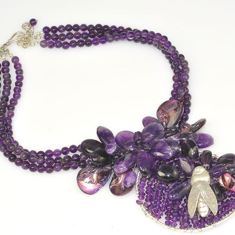 18 Inch Sterling Silver Amethyst and Shell 3-Strand Bead Necklace