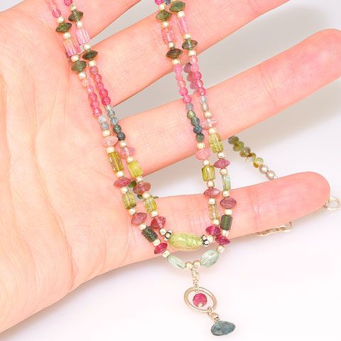 Sterling Silver Pink and Green Tourmaline Bead Drop Necklace