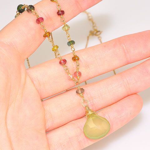 14K Gold Fill Chain with Green Chalcedony Drop and Rainbow Tourmaline Necklace
