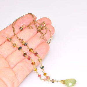 14K Gold Fill Chain with Green Chalcedony Drop and Rainbow Tourmaline Necklace