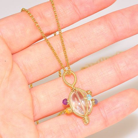 14K Gold Fill Chain with Rock Crystal and Multi-Gem Pendant Necklace