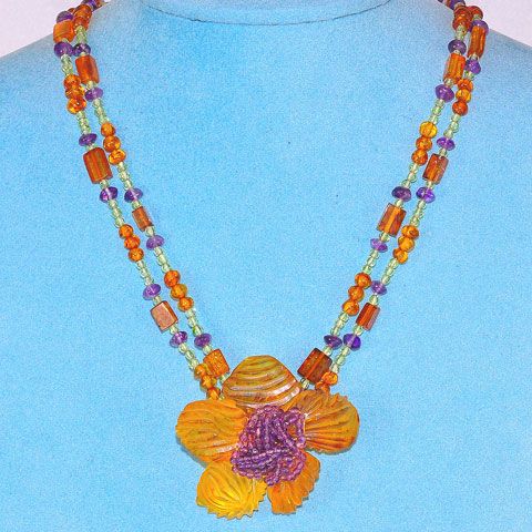 Baltic Honey Amber, Amethyst and Peridot Bead Flower Necklace