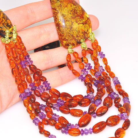 Baltic Multi Amber, Amethyst and Peridot Bead Necklace