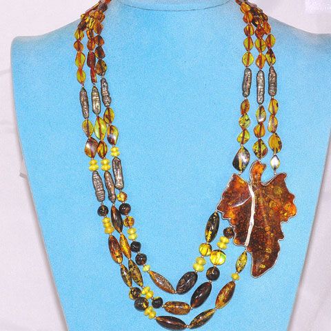 Sterling Silver, Baltic Multi Amber and Shell Bead Leaf Motif Necklace