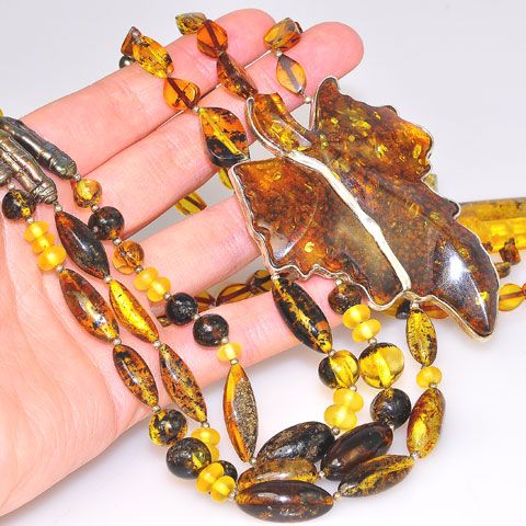 Sterling Silver, Baltic Multi Amber and Shell Bead Leaf Motif Necklace