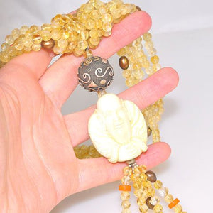 Sterling Silver Carved Mammoth Ivory Sage and Citrine Bead Necklace