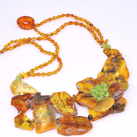 Baltic Multi Amber Slice and Peridot Flower Necklace