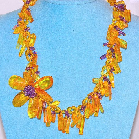 Baltic Honey Amber and Amethyst Flower Bead Necklace