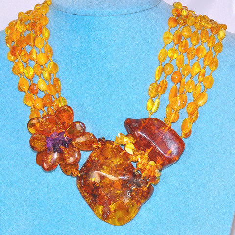 Baltic Honey Amber and Amethyst 6-Strand Bead Flower Necklace