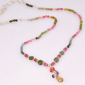 Sterling Silver Yellow Faceted Tourmaline and Multicolor Tourmaline Beaded Necklace