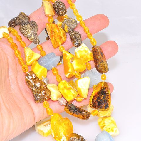 Baltic Butterscotch Amber, Baltic Honey Amber, Baltic Raw Amber and Aquamarine Toggle Necklace