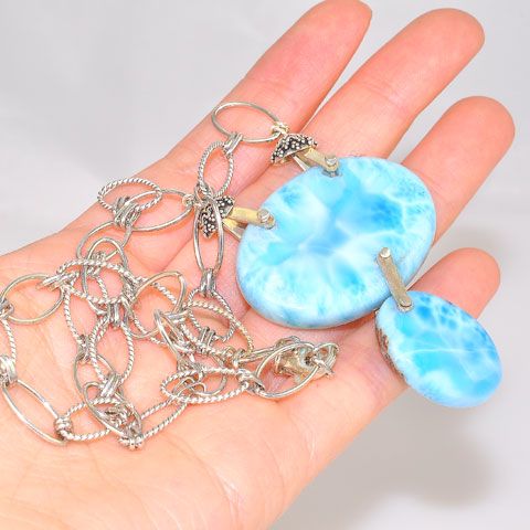 Sterling Silver Larimar Duet Chain Link Necklace