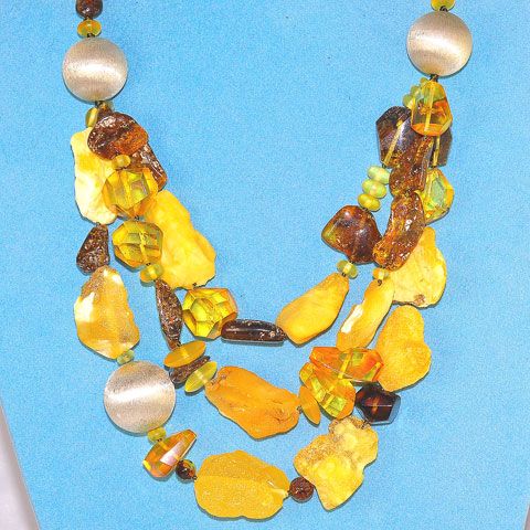 Baltic Honey Amber, Baltic Raw Amber, Baltic Butterscotch Amber and Sterling Silver Ball 3-Stranded Necklace