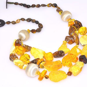 Baltic Honey Amber, Baltic Raw Amber, Baltic Butterscotch Amber and Sterling Silver Ball 3-Stranded Necklace