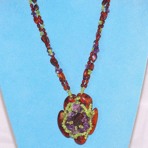 Baltic Honey Amber, Peridot Chip and Amethyst Chip Flower Necklace