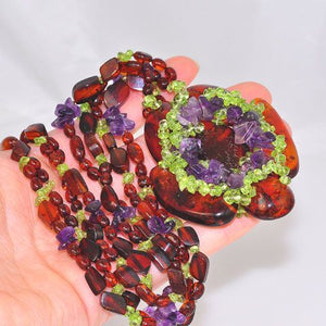 Baltic Honey Amber, Peridot Chip and Amethyst Chip Flower Necklace