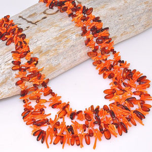 Genuine Baltic Honey Amber and Coral 3-Strand Necklace