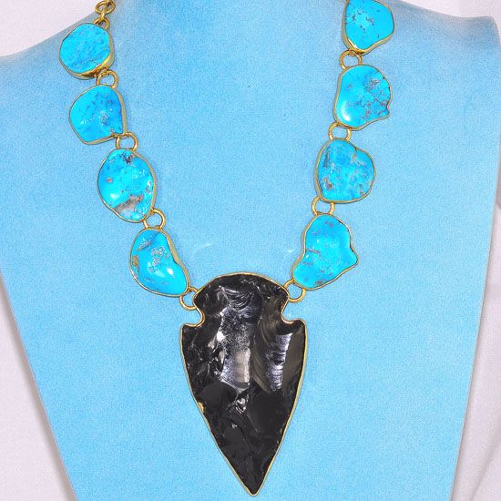 Charles Albert Alchemia Sleeping Beauty Turquoise and Obsidian Arrowhead Necklace