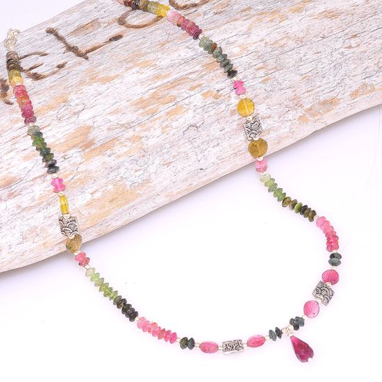 Sterling Silver Multicolored Tourmaline Beaded Necklace