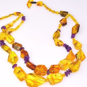 Baltic Honey Amber Nugget and Amethyst Bead 2-Strand Necklace