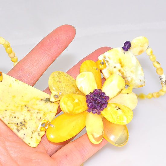 Baltic Butterscotch Amber and Amethyst Bead Oversized Flower Necklace