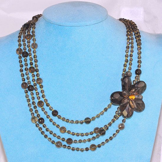 Sterling Silver Beautifully Antiqued Smokey Quartz Beaded 4 Strand Flower Necklace
