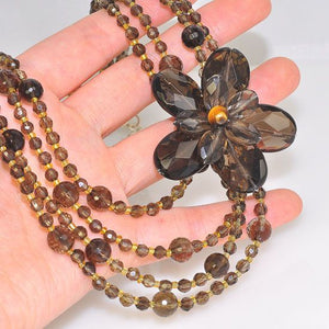 Sterling Silver Beautifully Antiqued Smokey Quartz Beaded 4 Strand Flower Necklace