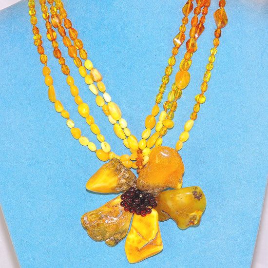 Baltic Butterscotch, Honey and Cherry Amber Large Lotus Flower 4 Strand Necklace